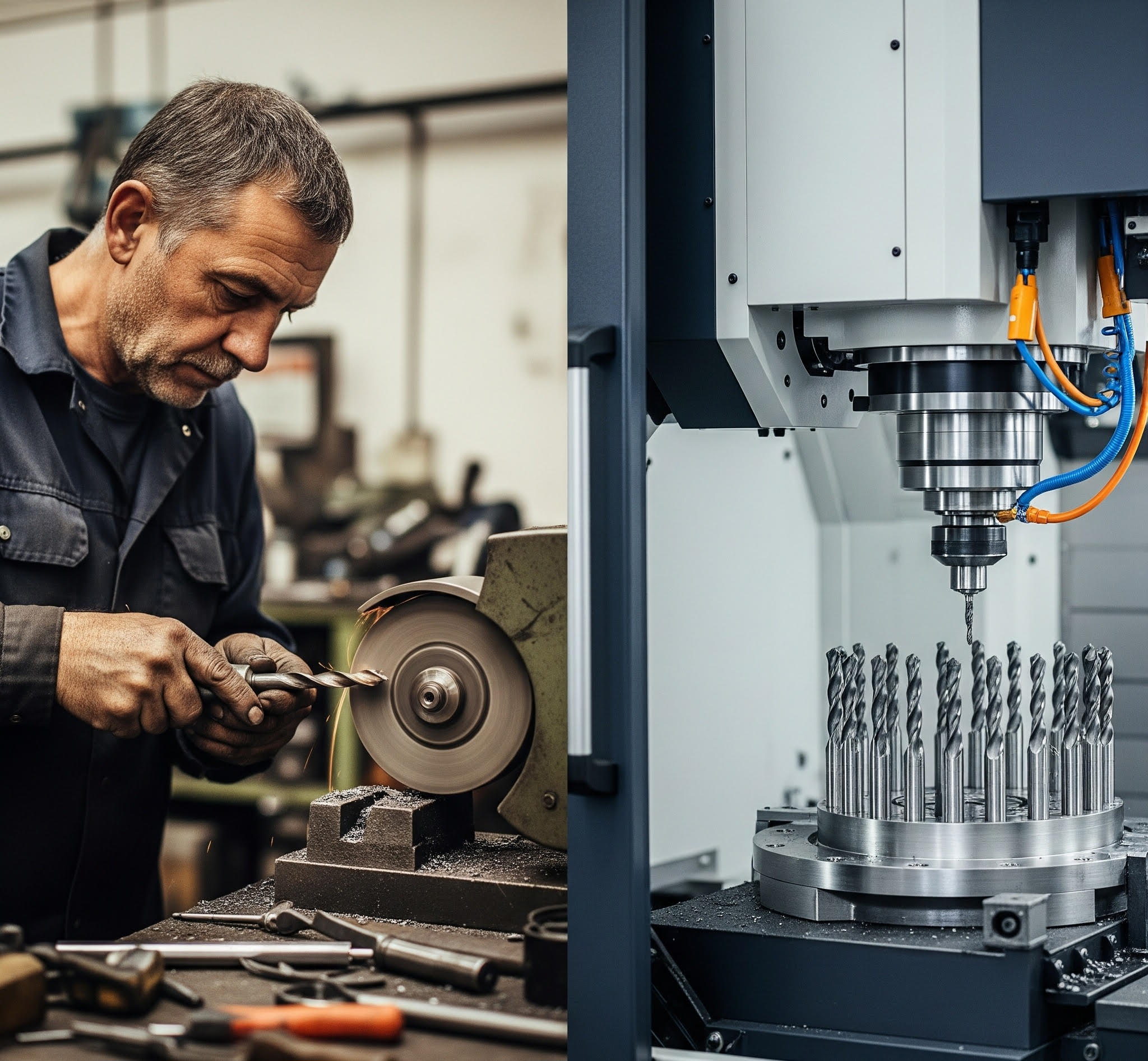 Na zdjęciu po lewej stronie widoczny właściciel firmy naprawiający narzędzia ręcznie, po prawej widać 30 letni przeskok technologiczny w którym to maszyny profilują narzędzia